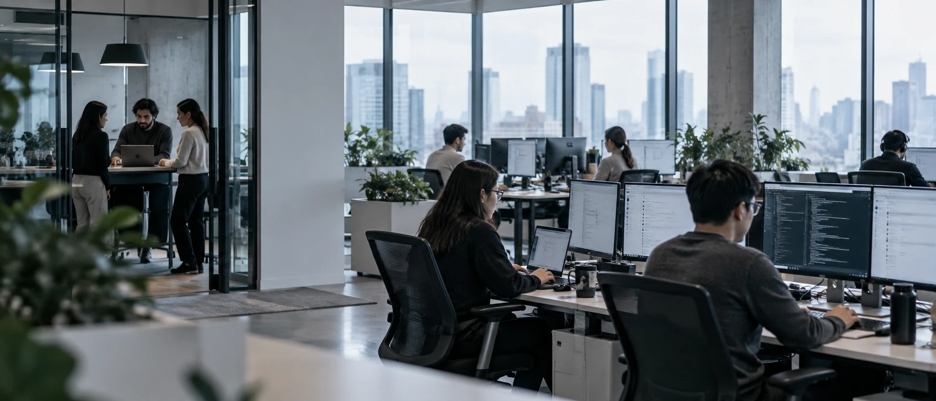 A busy open-plan office floor with people working at desks and a group talking in a glass meeting room.