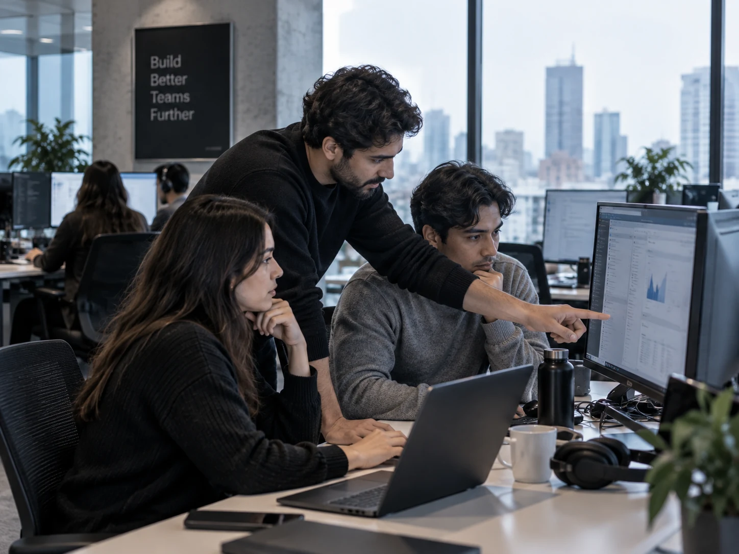 Three colleagues working through something together at one monitor, beneath a wall poster reading Build Better Teams Further.