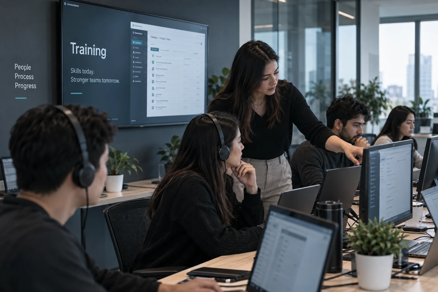 A trainer guiding a small group at their desks in a training room, beneath a wall display titled Training.