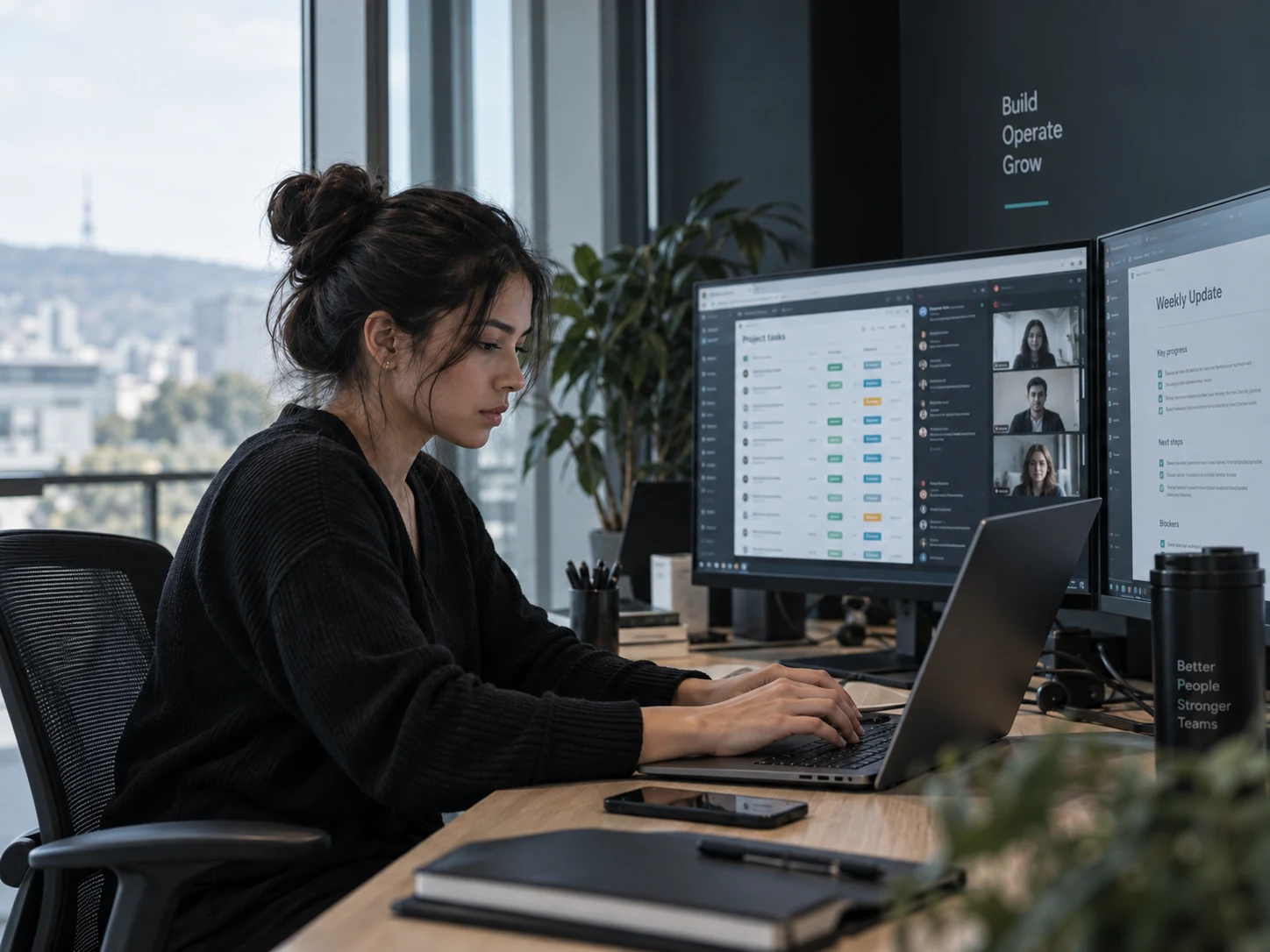 A person working at a laptop and two monitors in a bright office, beside a wall panel reading Build Operate Grow.