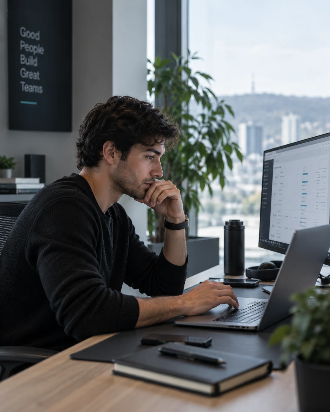A person reading a large monitor at a desk, chin resting on one hand, beside a poster reading Good People Build Great Teams.