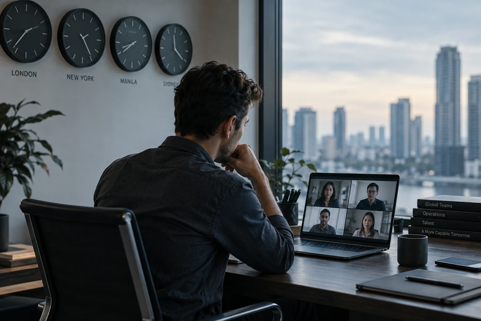 A person on an evening video call, seen from behind, with four wall clocks for different cities and a city skyline outside.