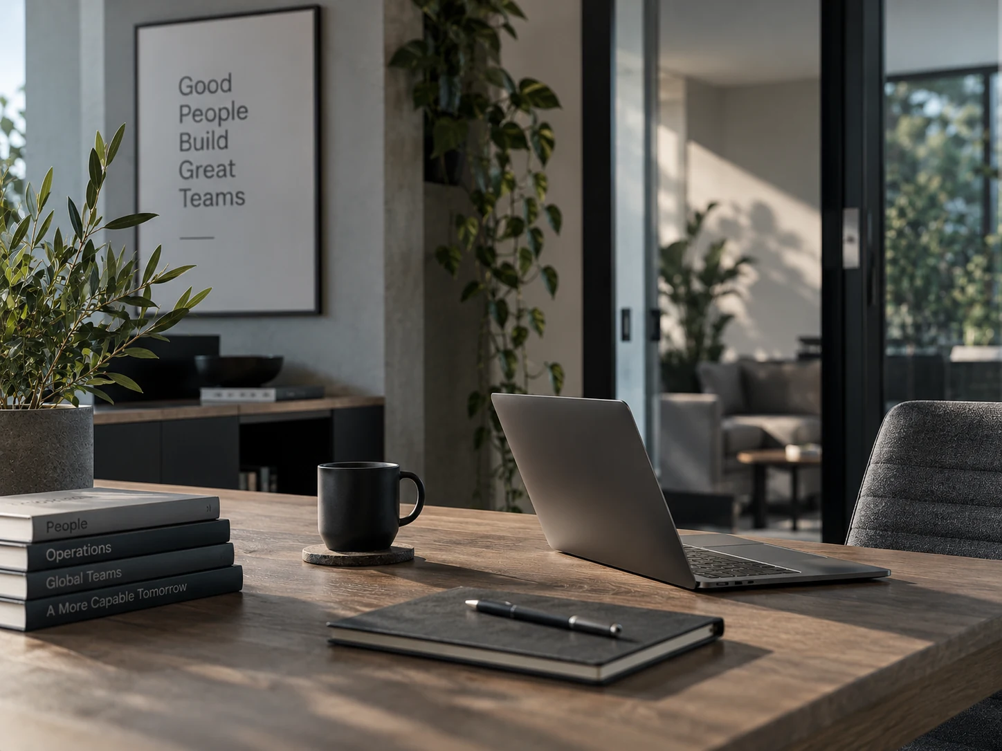 A quiet desk with an open laptop, a mug and a notebook, beneath a framed print reading Good People Build Great Teams.